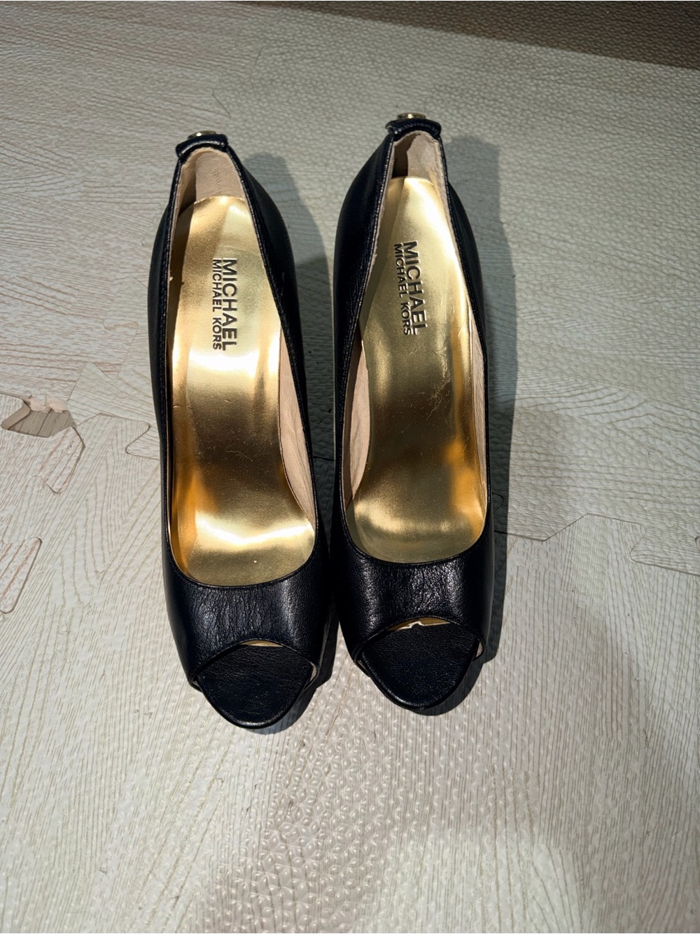 Michael Kors Black Leather Peep-Toe Heels with Gold Insole